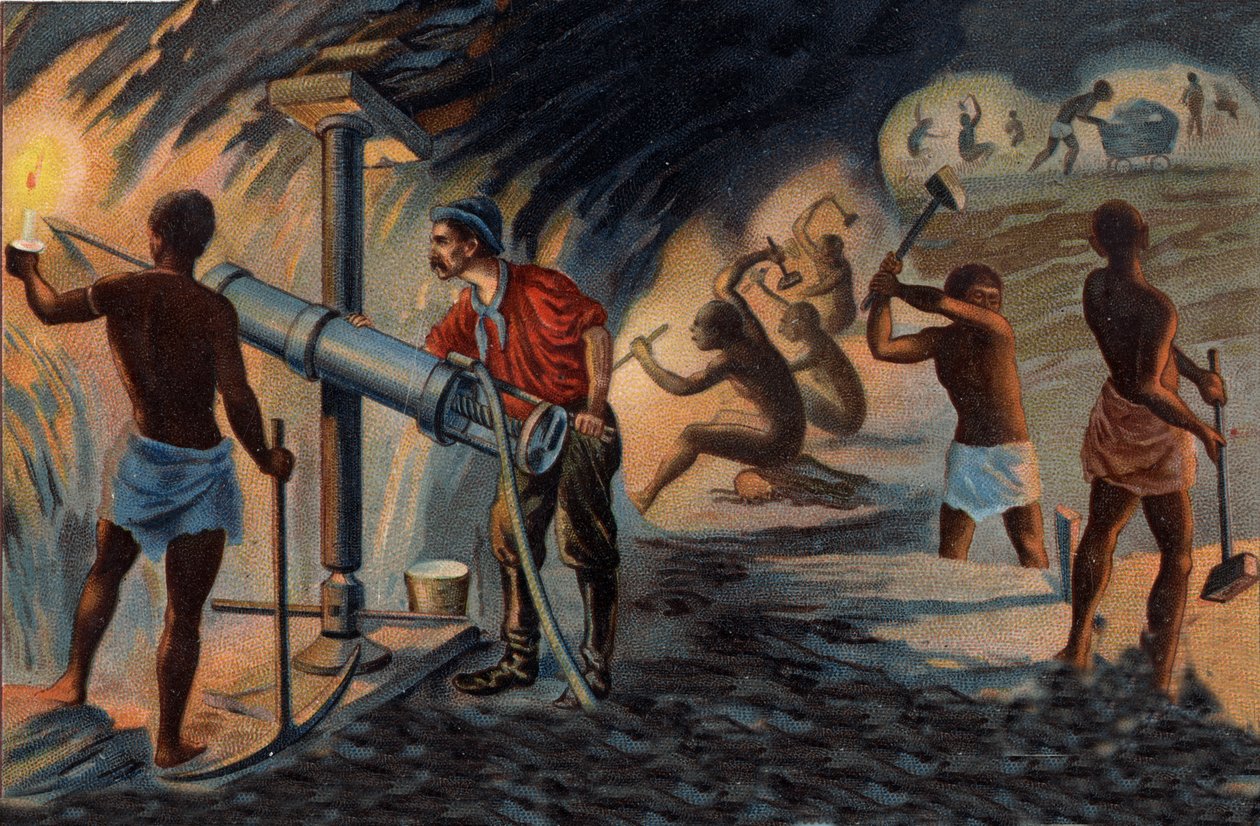 Guldbrytning: inne i en gruva i Transvaal. Gruvarbetare med hjälp av en borr som arbetar med hjälp av tryckluft. Kromolitografi i slutet av 1800-talet. av Unknown artist