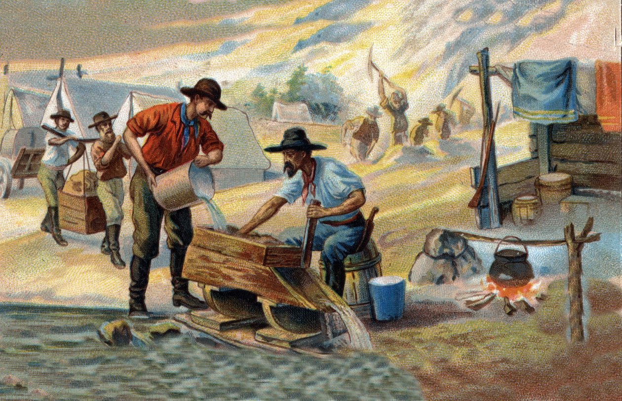Guldsökare: metod för att tvätta inhemskt guld som separeras från stenar och sand. Kromolitografi i slutet av 1800-talet. av Unknown artist