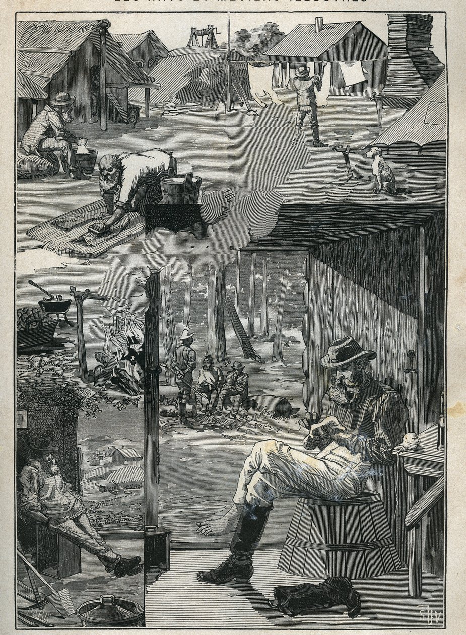 Guldsökare i Australien: fläck av gruvarbetares dagliga liv under deras vilodagar (rengöring och torkning av linne, strumpor, etc.). Gravyr från 1885 i "" Les arts et metiers illustres"" av Adolphe BITARD. av Unknown artist
