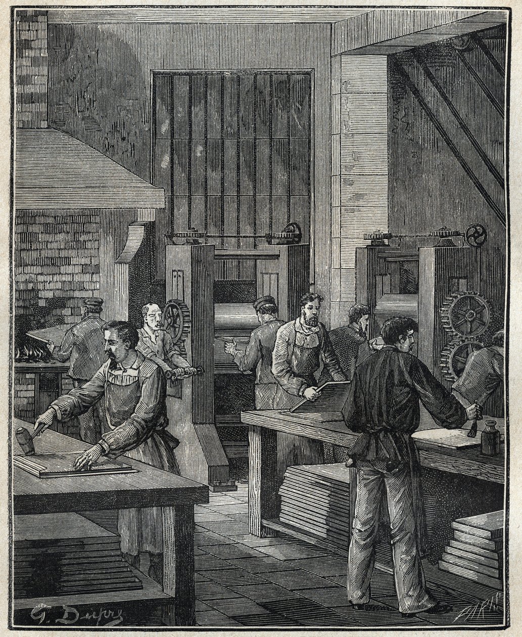 Guldsmed: förberedelse av plåten, förberedelse av metallen för utförande av ett speciellt silverföremål. Gravyr från 1885 i "" Les arts et metiers illustres"" av Adolphe BITARD. av Unknown artist