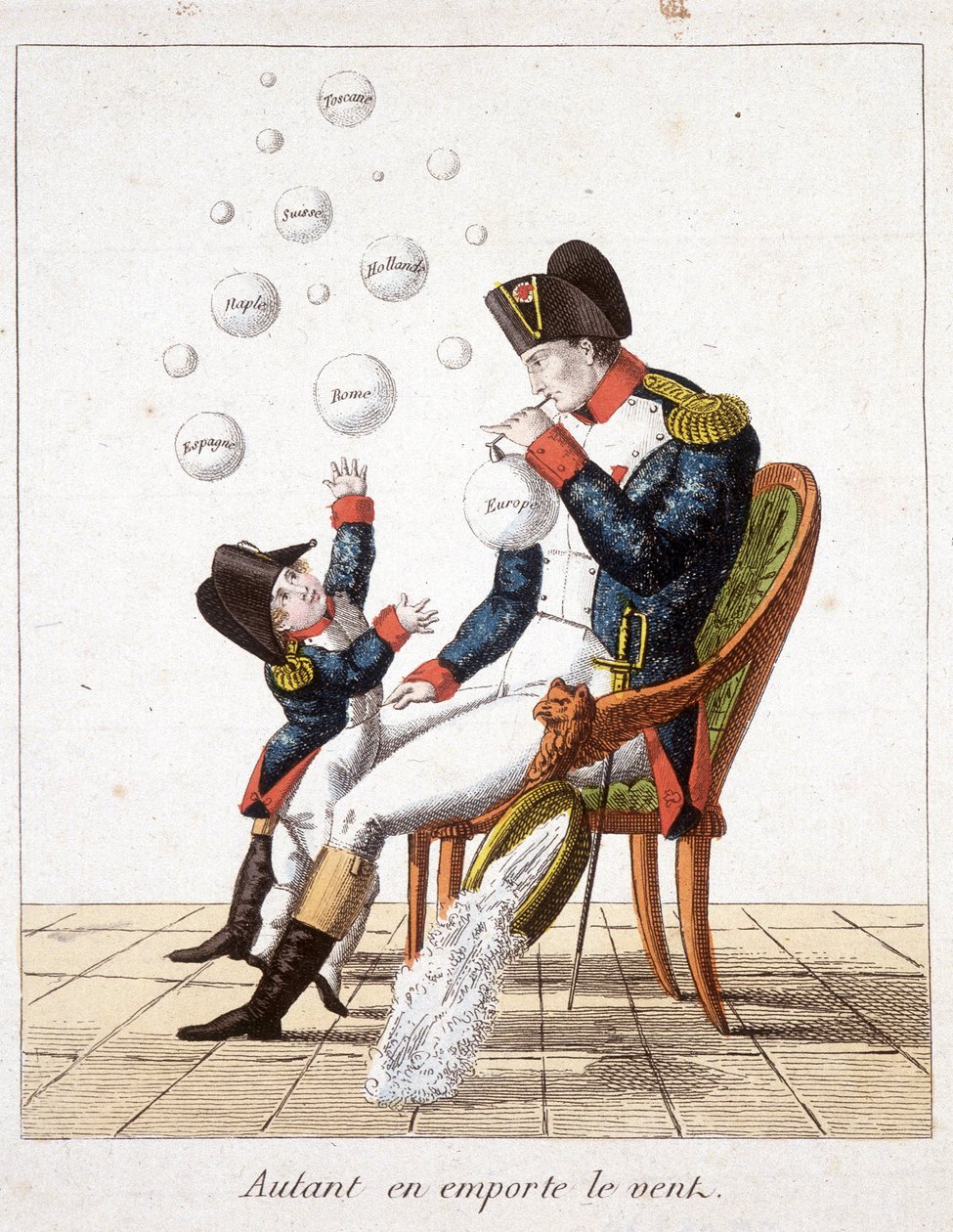 Borta med vinden: Napoleon gör såpbubblor från Toscana, Schweiz, Holland, Neapel, Rom, Spanien och Europa - i "" Napoleon 1st, karikatyrer, dummy-samling", ca. 1814 av Unknown artist