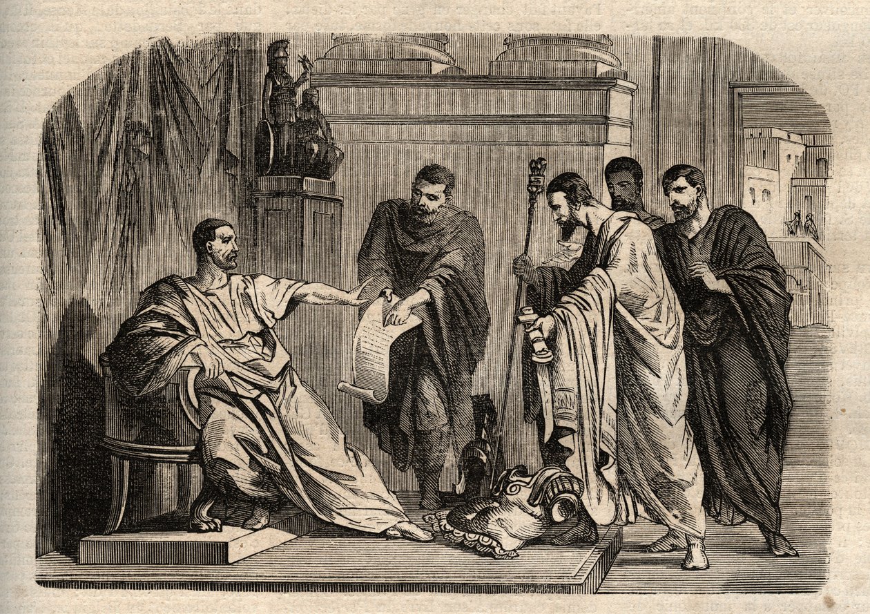 Gordian I (158-238) vägrade kejserlig värdighet - Gordianus I (Marcus Antonius Gordianus Sempronianus Romanus Africanus) vägrade den kejserliga värdigheten - gravyr i "" Dictionnaire populaire illustrious" - 1864 - av Joseph Decembre och Edmond Allonier - av Unknown artist