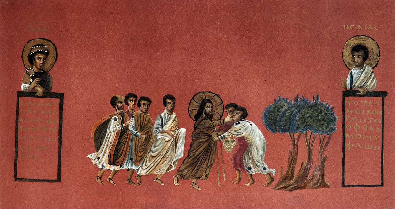 Evangeliet av St. Matteus - Mirakel av Jesus som krigar de två blinda av Jeriko, Gravyr 1800-talet efter ett grekiskt manuskript. av Unknown artist