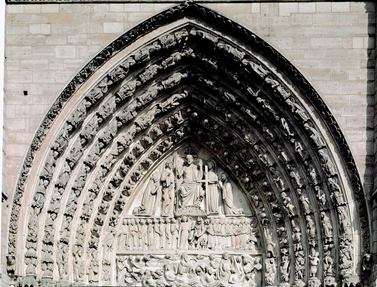Gotisk konst: detalj av den centrala portalen till Cathedrale Notre Dame de Paris av Unknown artist