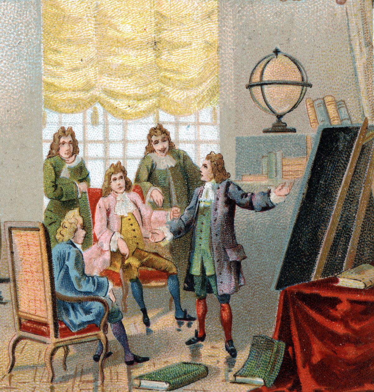 Gottfried Wilhelm Leibniz (1646-1716), tysk filosof och matematiker; demonstrerar sina teorier om differentialberäkning. Kromolitografi, sent 1800-tal. av Unknown artist