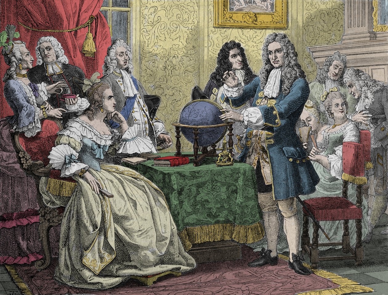 Gottfried Wilhelm Leibniz (1646-1716) på besök hos drottning Sophie Charlotte av Preussen (Sophie-Charlotte av Hannover) av Unknown artist