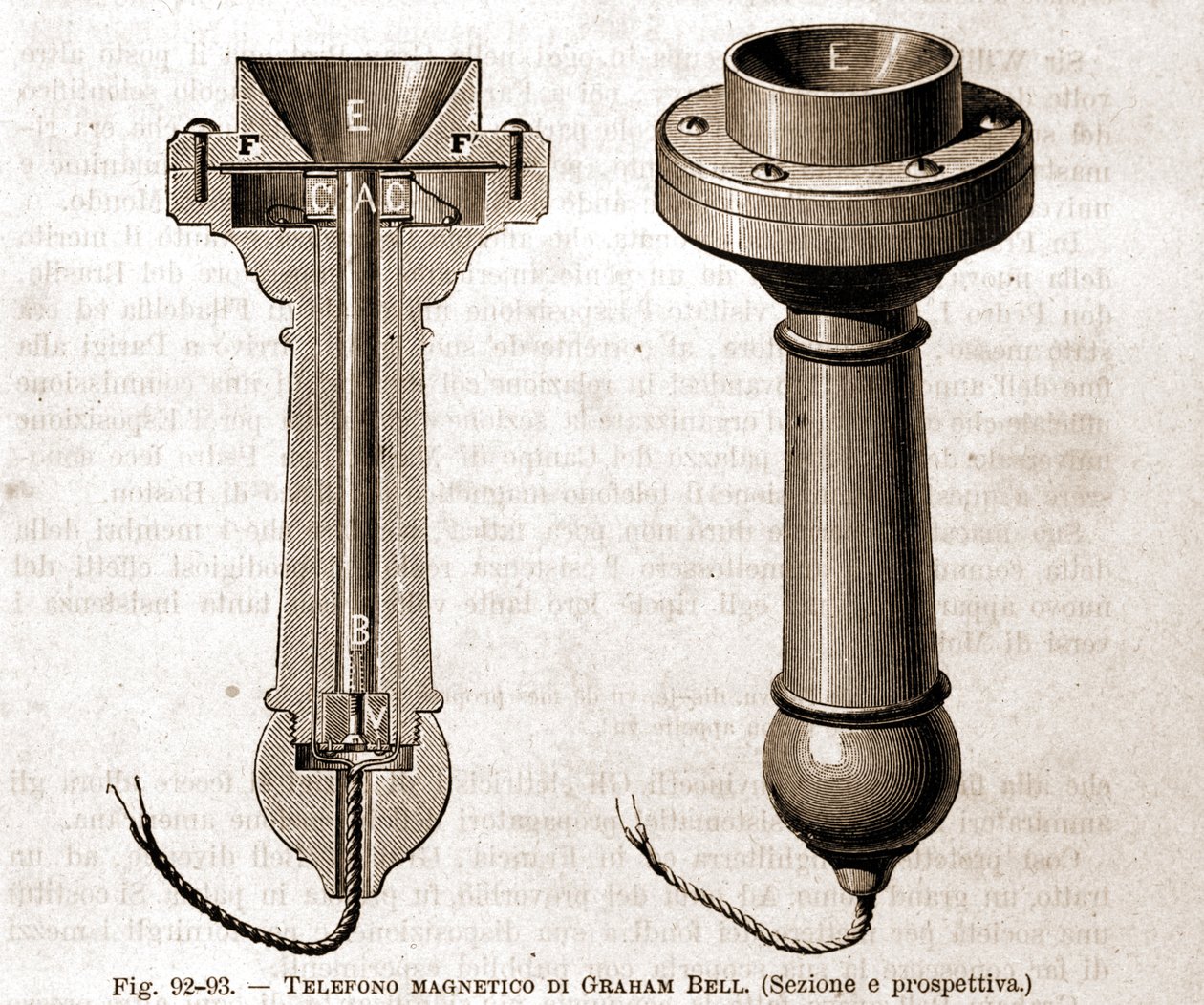 Graham Bells magnetiska telefon klippt. 1800-talsgravyr. av Unknown artist