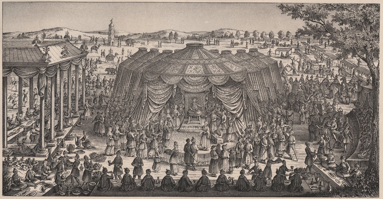 Stor bankett ges av Tamerlan (1336-1405) (eller Timur Lang, "Timur den lame") på slätten Khani Gheul för att fira hans barnbarns bröllop - Gravyr från 1800-talet av Unknown artist
