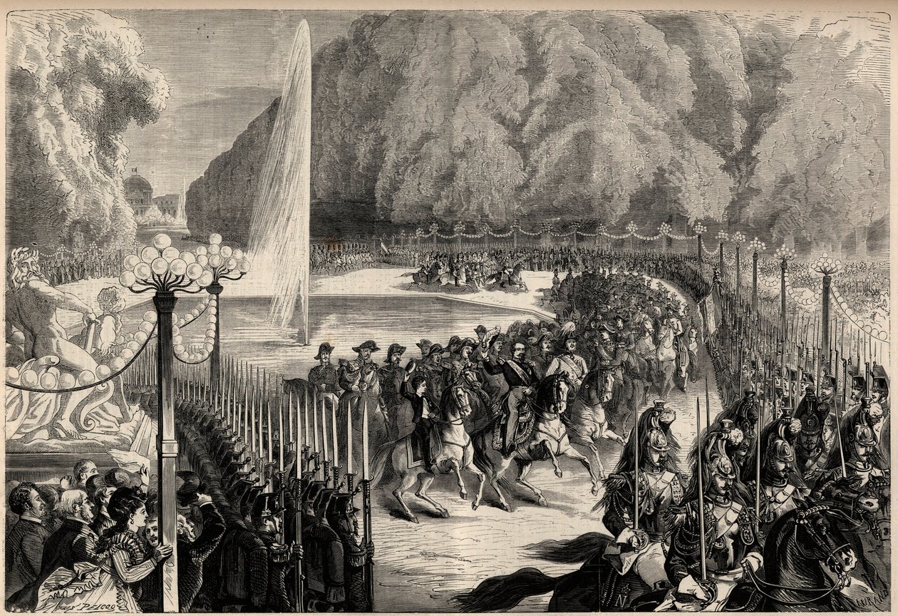 Stora tidningen den 14 augusti: Kejsar Napoleon III (1808-1873), följt av hans stab korsar Tuilerierna i Paris. Hans son, den kejserliga prinsen Eugene Louis Joseph (1856-1879), är på hans högra sida. Gravyr i "The Universe illustrious" av Unknown artist