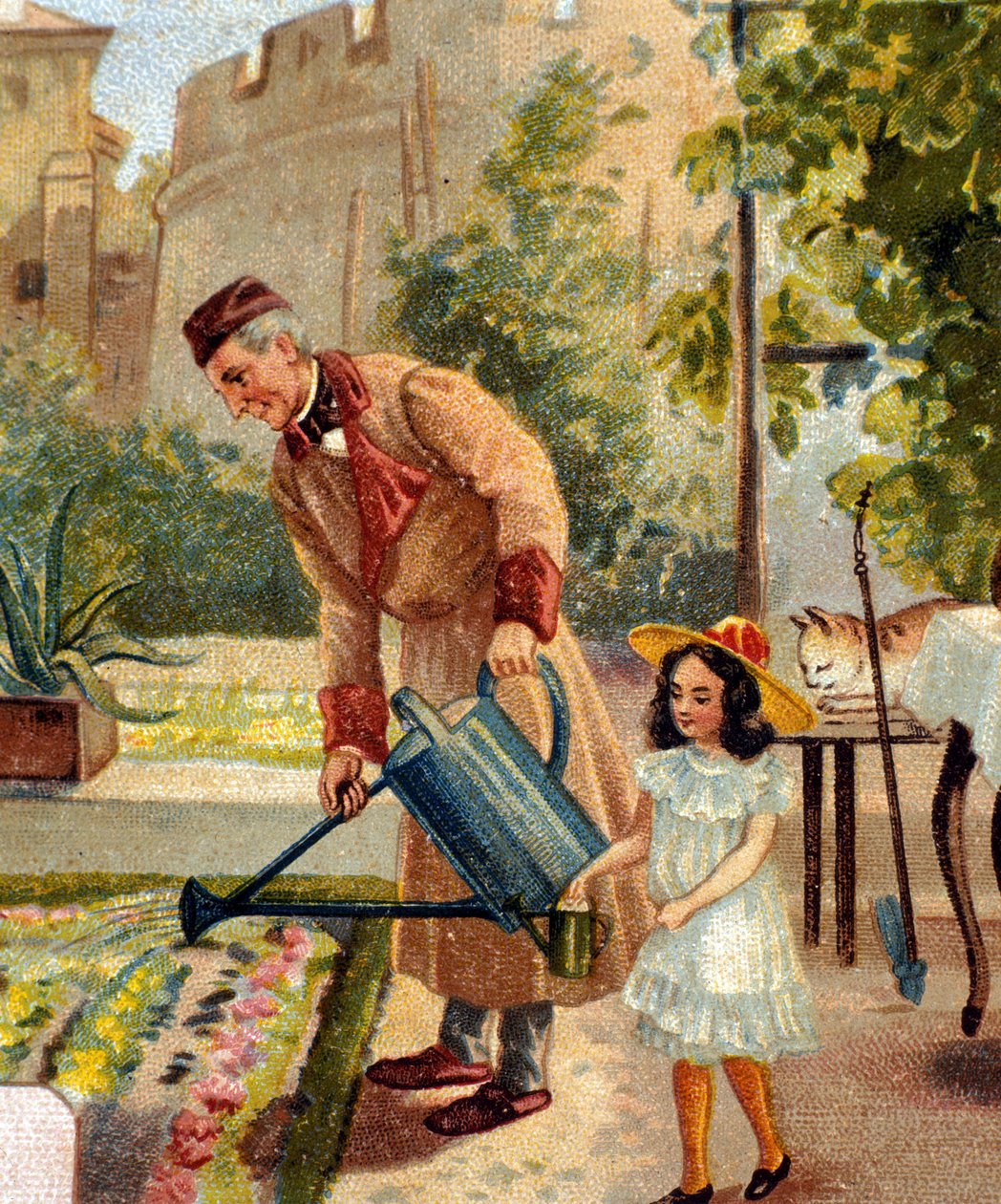 Farfar trädgårdsarbete med sin lilla dotter kromolitografi sent 1800-tal av Unknown artist