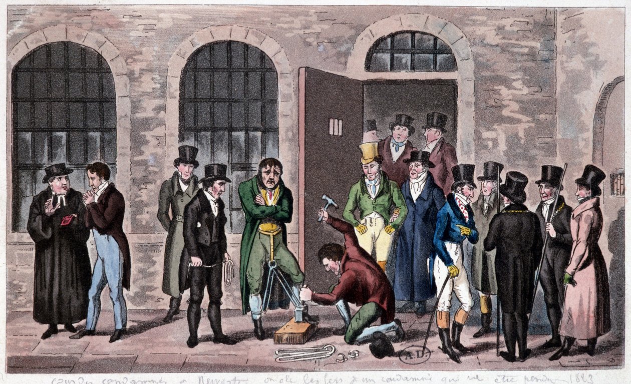 Storbritanniens fängelse: En dödsdom är knuten till Newgate-fängelset i London (omtalas ofta i Charles Dickens romaner). Gravyr omkring 1823. Bilbiotek för dekorativ konst. av Unknown artist