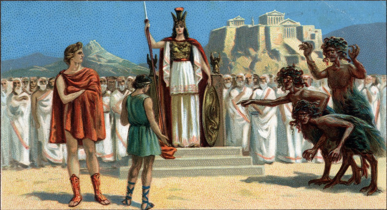 Stora grekiska tragedier: "The Orestia"" av Aischylus. Oreste framträdde inför Areopage eller Atens högsta domstol, under ordförandeskap av gudinnan Pallas Athene eller Minerva, assisterad av Apollo. Till höger är Eumenides (de tre furierna). Orestie är fr av Unknown artist