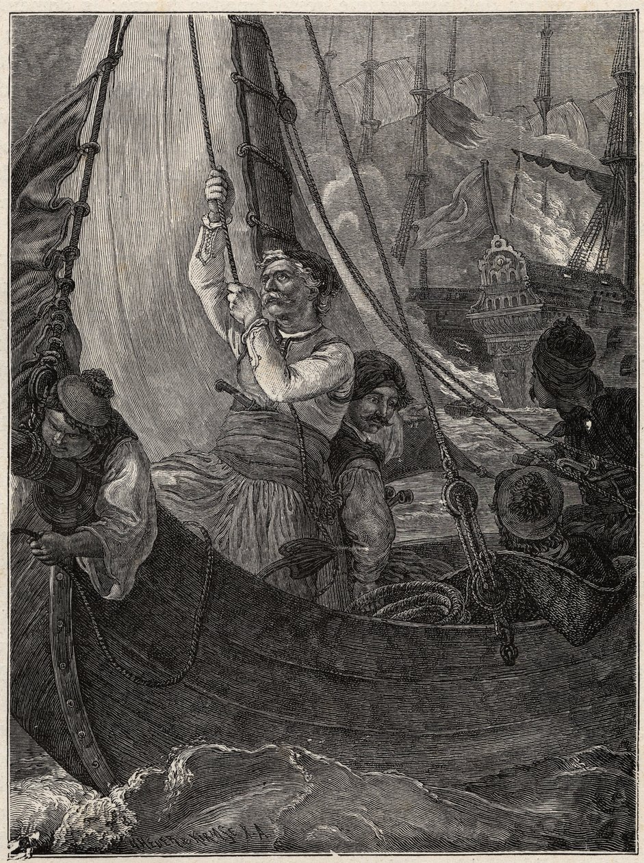 Grekiska frihetskriget 1821 - 1829: Konstantin (Konstantin) Kanaris (Konstantinos Canaris) bränner flaggskeppet för den turkiska flottan före Chios av Unknown artist