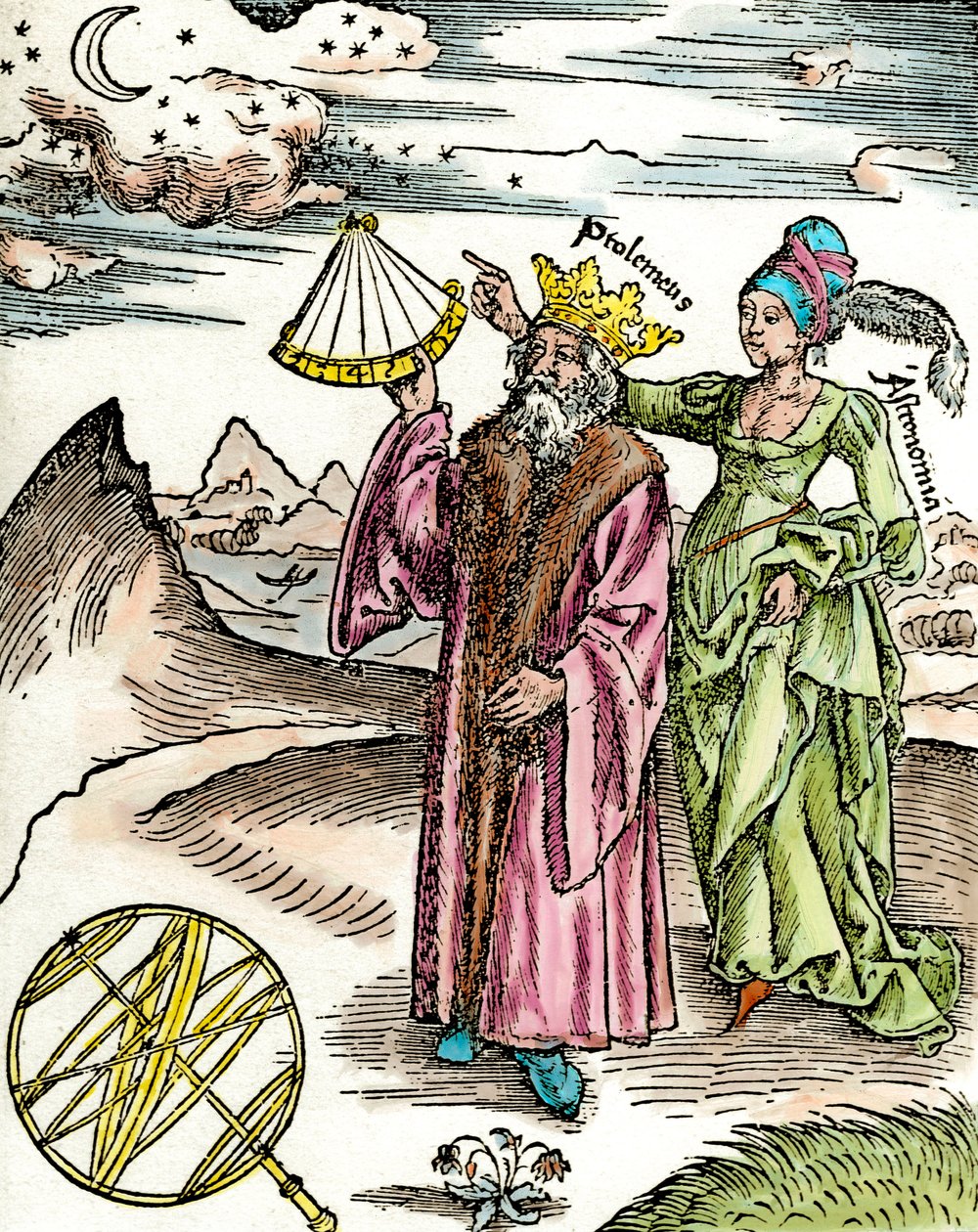 Den grekiske astronomen Claude Ptolemaeus (Claudius Ptolemaeus) (cirka 90-omkring 168 e.Kr.) med hjälp av en sextant och astronomi. Gravyr från 1503. Privat samling av Unknown artist