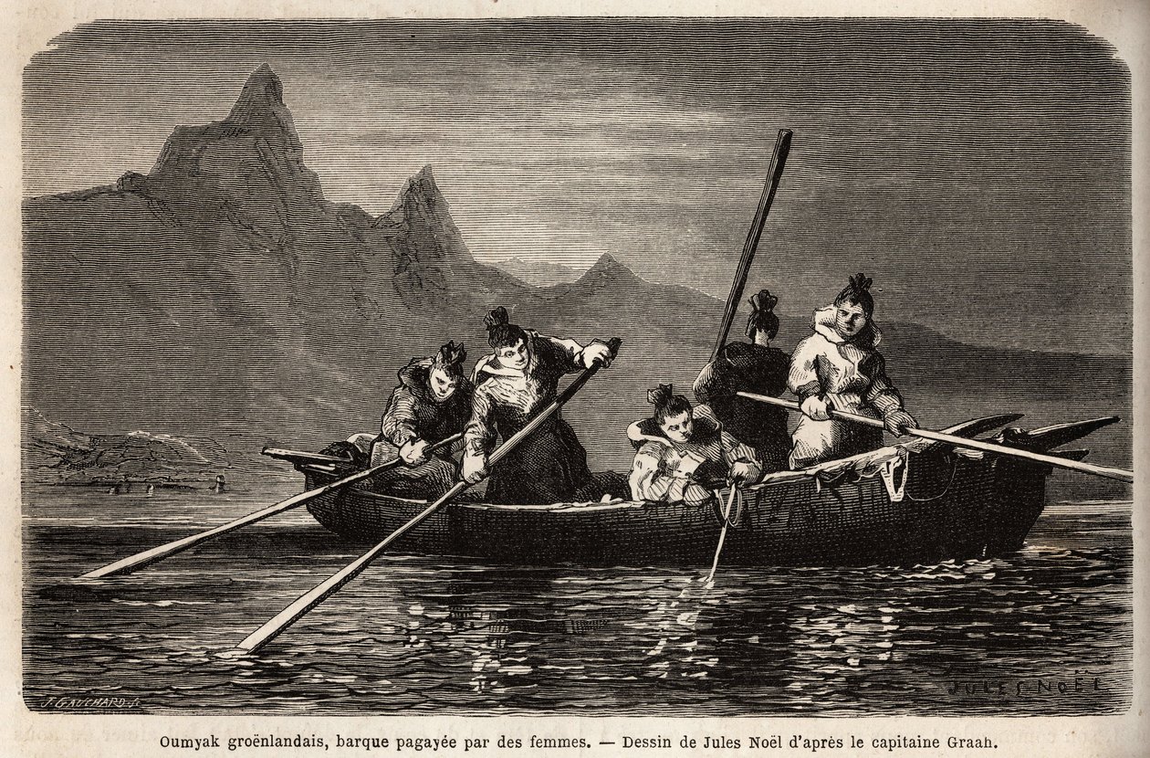 Grönland Umyak, typ av båt som drivs av kvinnor. Gravyr för att illustrera resan till den arktiska polens fria hav, av doktor Hayes, kirurg vid den amerikanska flottan, 1860-1862, publicerad i "Le tour du monde, nouveau journal des voyages", redigerad b av Unknown artist