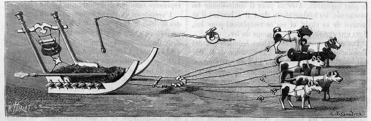 Grönlandsutställning på Geography Society, Paris: slädemodell tillverkad av eskimåer. Gravyr i "" Nature: granskning av vetenskaperna och deras tillämpningar på konst och industri "" av 16 februari 1889. av Unknown artist