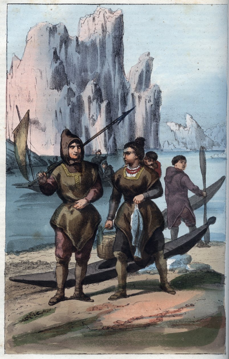 Grönländska män och kvinnor som återvänder från fiske - gravyr från "" Seder och traditioner för alla folk i universum. Det vill säga historien om regeringen, om lagarna, om milisen, om religionen för alla nationer från de mest avlägsna tiderna till våra d av Unknown artist