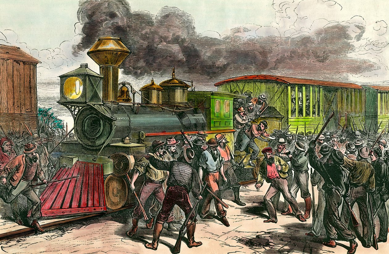Greve på järnvägslinjen som förbinder Baltimore, Ohio. Arbetare jagar förare och ingenjörer från ett tåg på väg till Baltimore. 1877 1800-talsgravyr Privat samling av Unknown artist