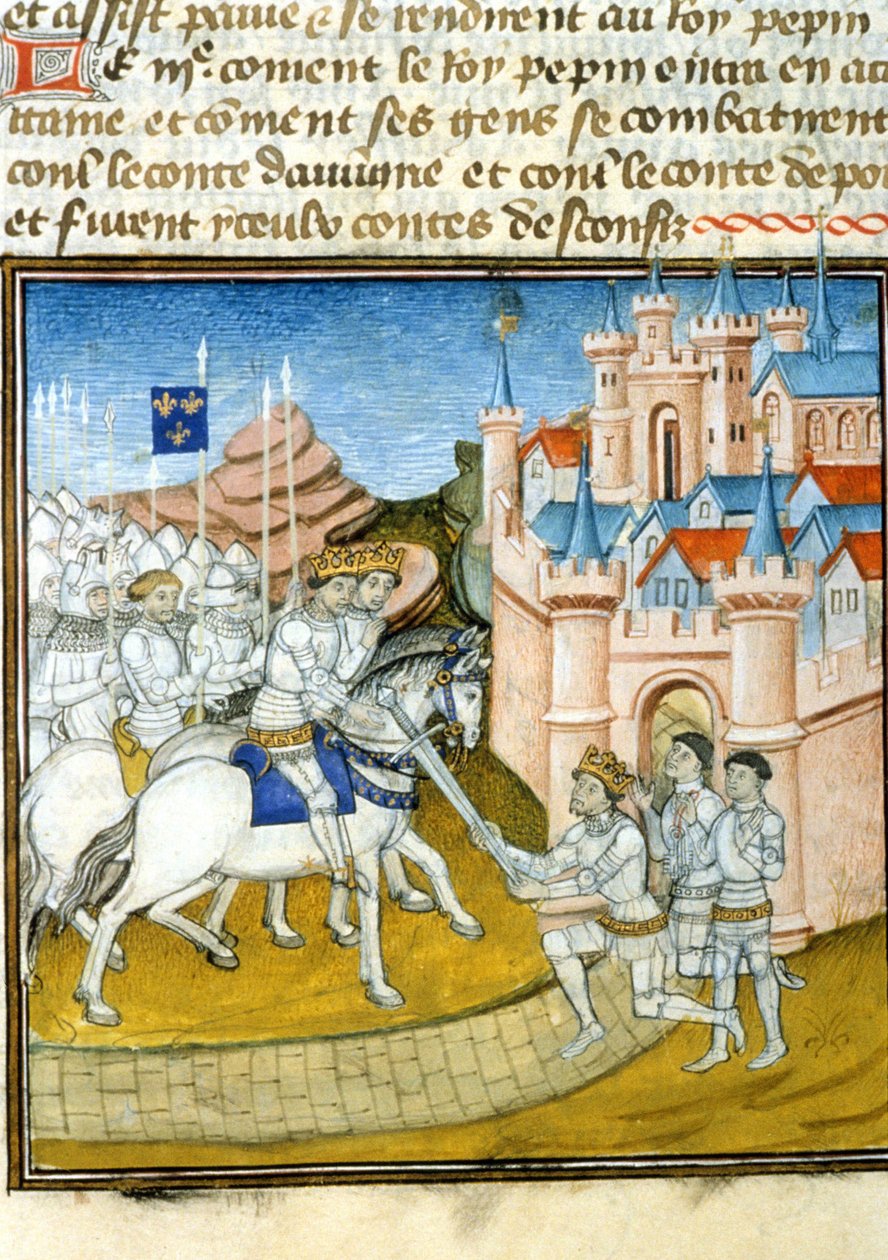 Griffon (Grippon) (ca 726-753) gick till sina bröder Pepin III känd som Pepin le Brief (714-768) och Carloman (ca 715-754) efter belägringen av Laon 741. Miniatyr i "" Grandes Chroniques de Saint-Denis”” av Unknown artist
