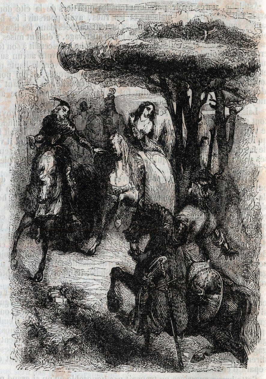 Griffon möter Origille - gravyr från 1851 från "" Furious Roland"" (Orlando furioso) (1500-talet) av Ludovico Ariosto, känd som Ariosto - Edition översatt från italienska av greven av Tressan och publicerad av Gustave Harvard 1851 av Unknown artist