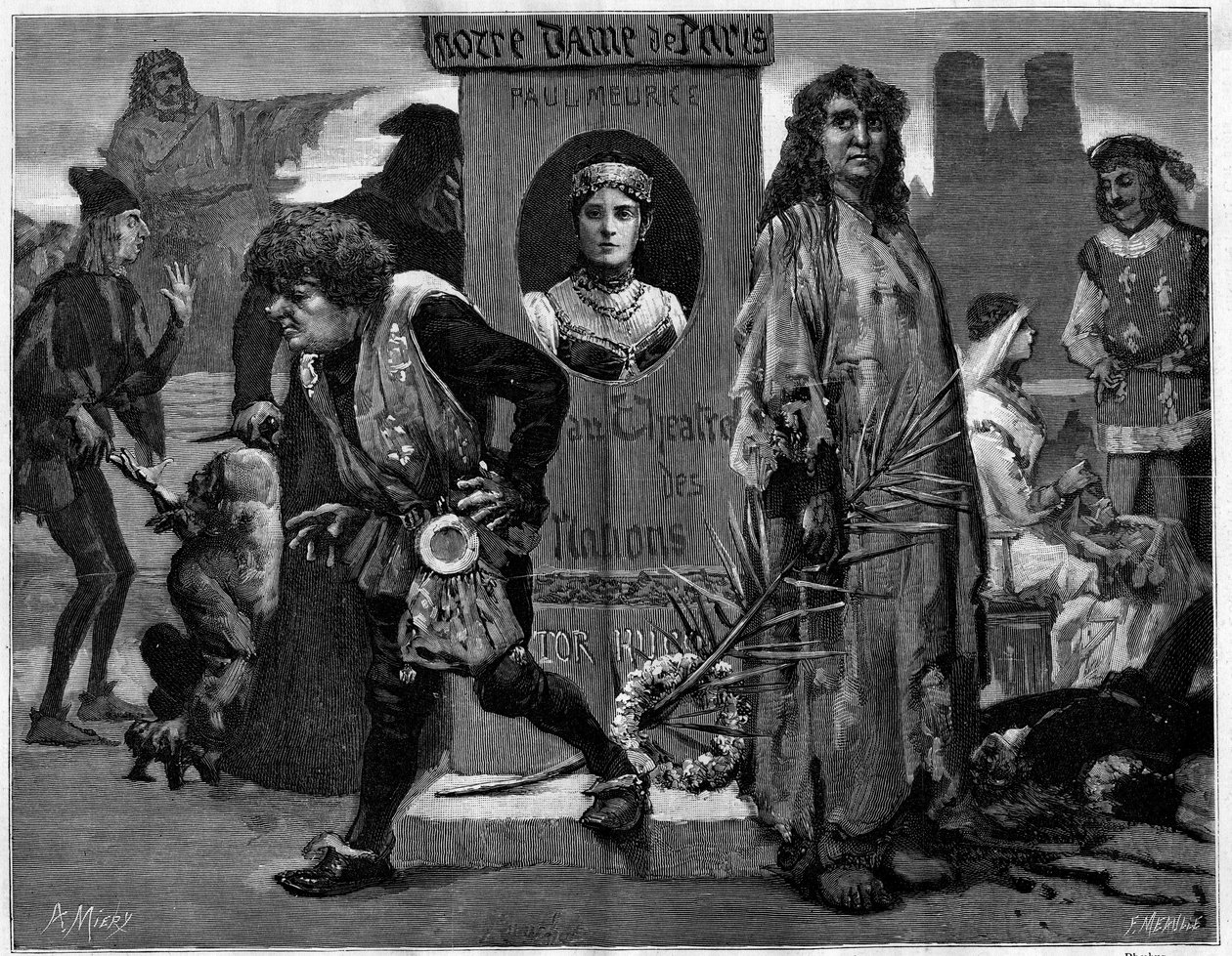 Gringoire, Quasimodo, La Esmeralda, La Sachette och Phoebus. Huvudpersoner i teaterstycket "" Notre Dame de Paris", drama av Paul Meurice (1912-1979) av Victor Hugo (1802-1885) representerad på Theatre des Nations. Gravyr i "" Le Monde illust av Unknown artist