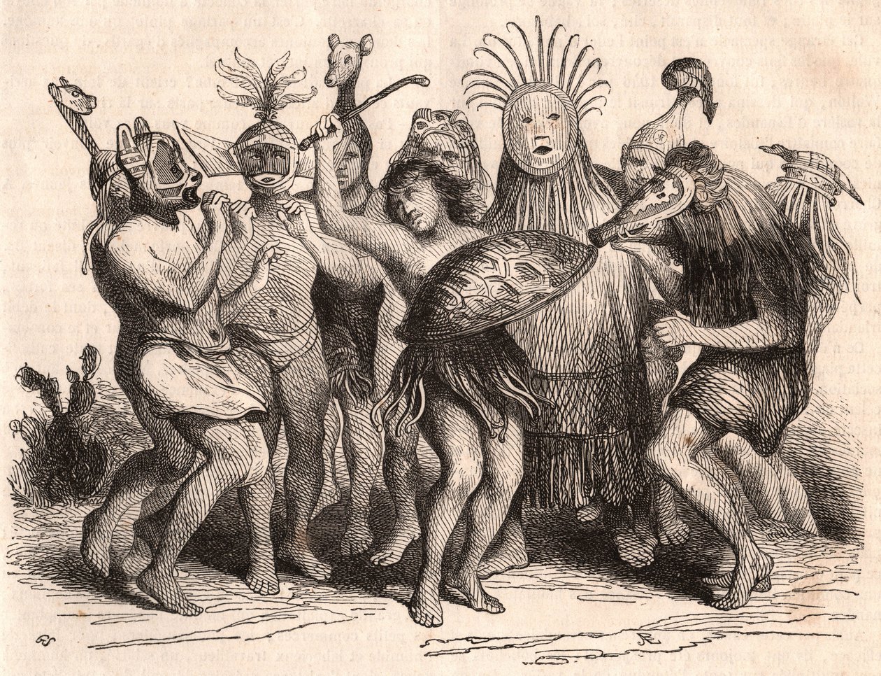 Grupp brasilianska vildar som dansar med kostymer, masker och traditionella huvudbonader av Unknown