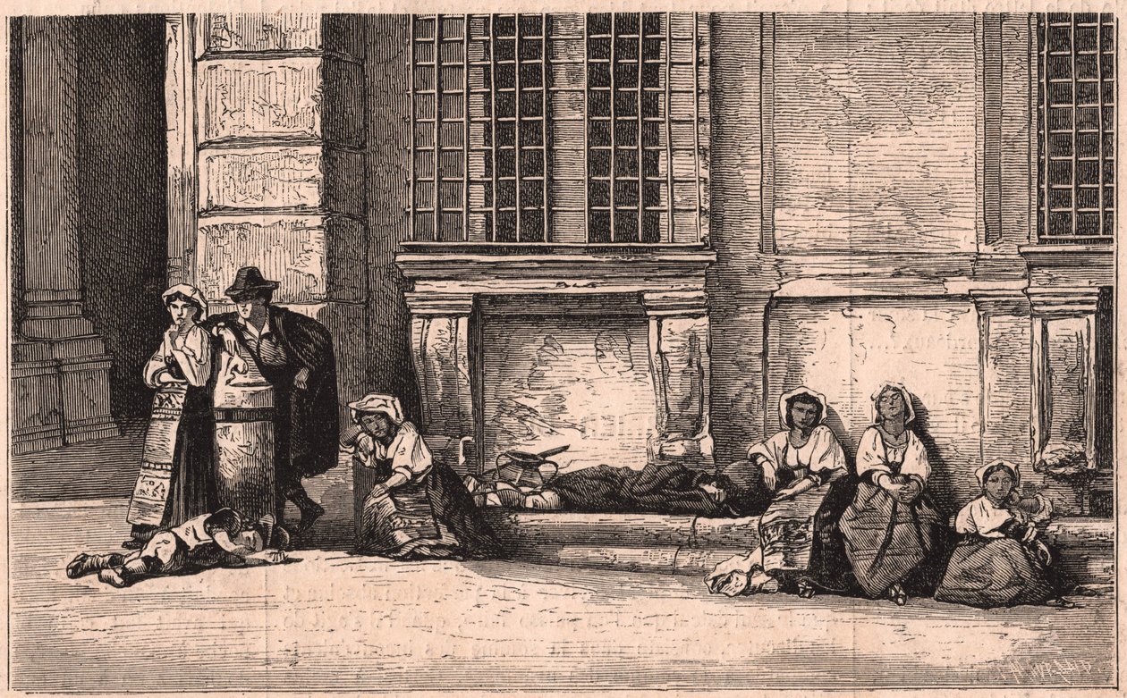 Grupp av napolitanska bönder som sitter framför slottet Farnese i Rom, Italien av Unknown