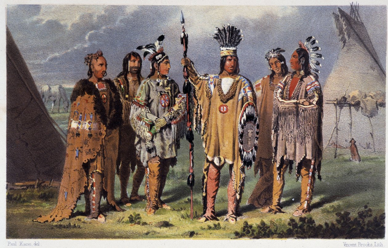 Grupp av sex indianhövdingar - i "" Wandering of an artist among the indians of north america"" av Paul Kane, Longmans & Roberts, London av Unknown artist