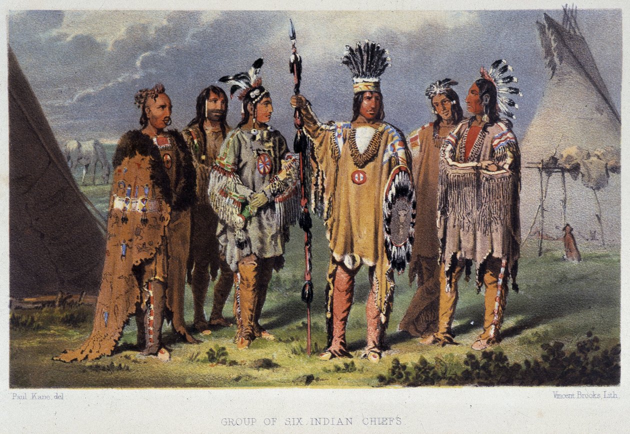 Grupp av sex indianhövdingar - i "" Wandering of an artist among the indians of north america"" av Paul Kane, Longmans & Roberts, London av Unknown artist