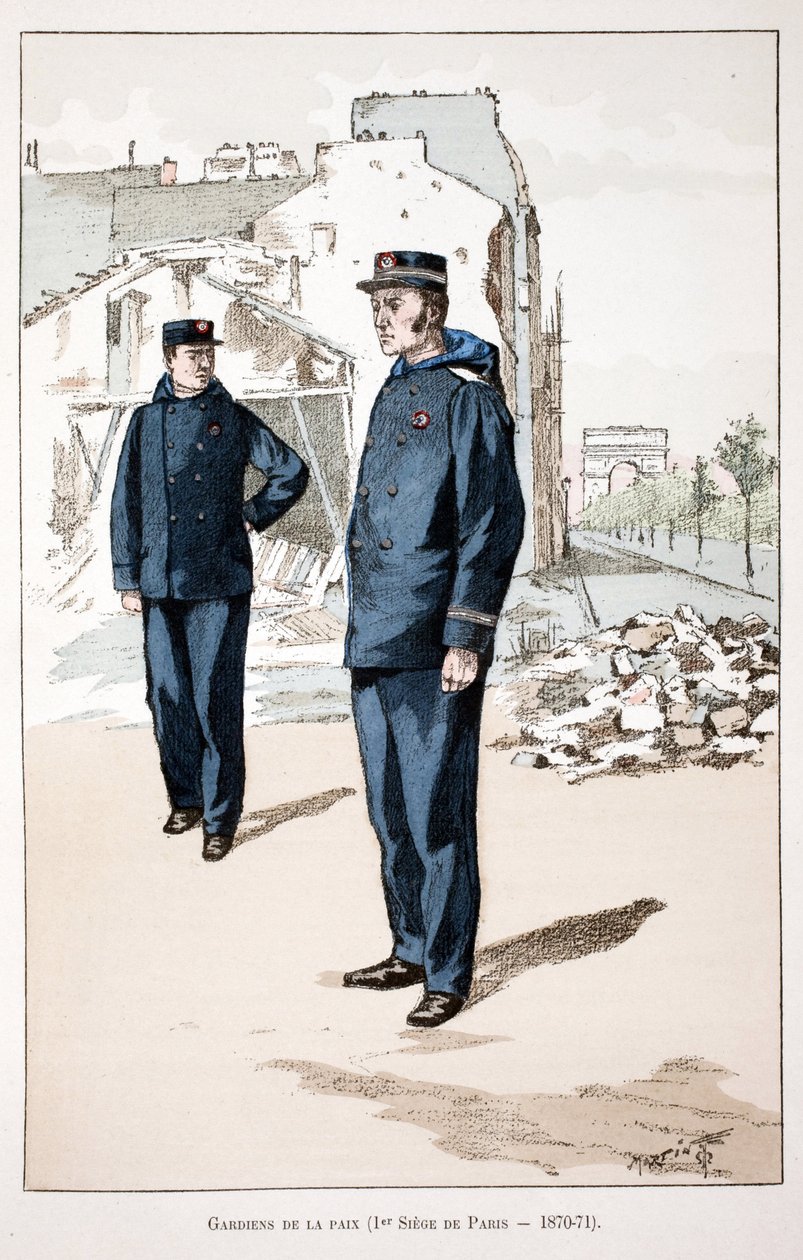 Guardians of Peace (första sätet i Paris 1870-1871). Etsning i färger, för illustration "" History of the Corps of Peacekeepers""" bok publicerad under beskydd av Louis Lepine (1846-1933), prefekt för polisen på Seine, av Alfred Rey (1864-? av Unknown artist