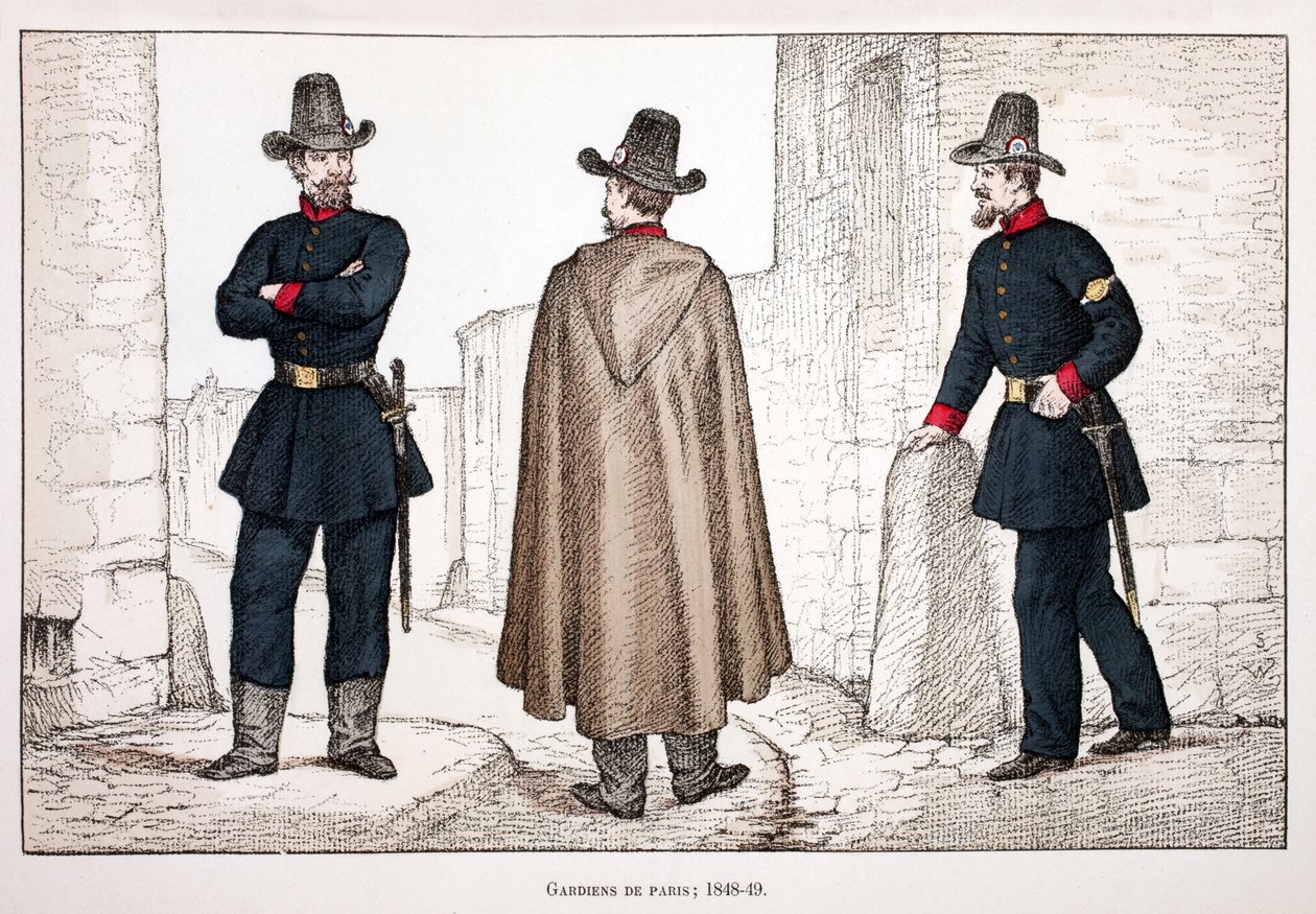 Fredens väktare (1848-1849). Etsning i färger, för illustration "" History of the Corps of Peacekeepers""" bok publicerad under beskydd av Louis Lepine (1846-1933), prefekt för polisen på Seine, av Alfred Rey (1864-?) och Louis Feron av Unknown artist