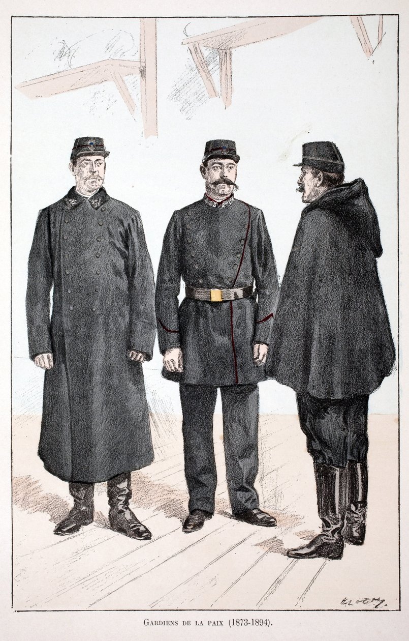 Fredens väktare (1873-1894). Etsning i färger, för illustration "" History of the Corps of Peacekeepers""" bok publicerad under beskydd av Louis Lepine (1846-1933), prefekt för polisen vid Seine, av Alfred Rey (1864-?) och Louis Feron av Unknown artist