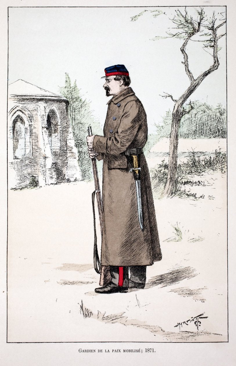 Fredens väktare mobiliserar (1871). Etsning i färger, för illustration "" History of the Corps of Peacekeepers""" bok publicerad under beskydd av Louis Lepine (1846-1933), prefekt för polisen vid Seine, av Alfred Rey (1864-?) och Louis F. av Unknown artist