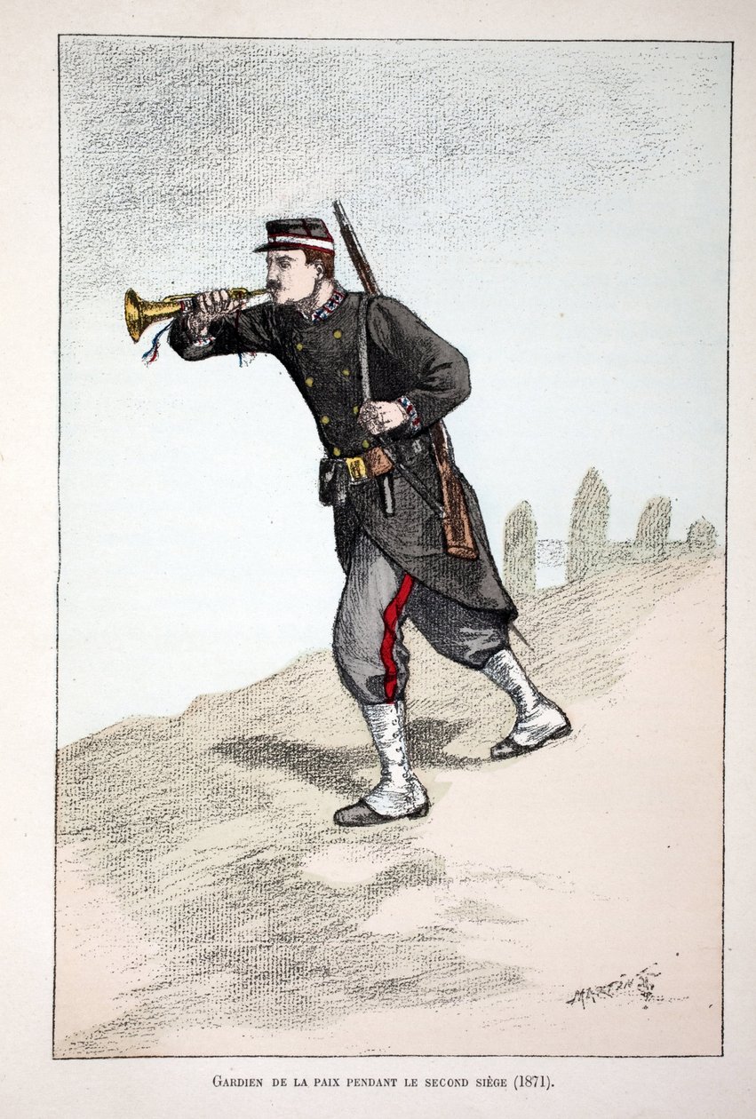 Fredens väktare under Pariskommunens andra säte (1871). Etsning i färger, för illustration "History of the Corps of Peacekeepers""" bok publicerad under beskydd av Louis Lepine (1846-1933), prefekt för polisen på Seine, av Unknown artist
