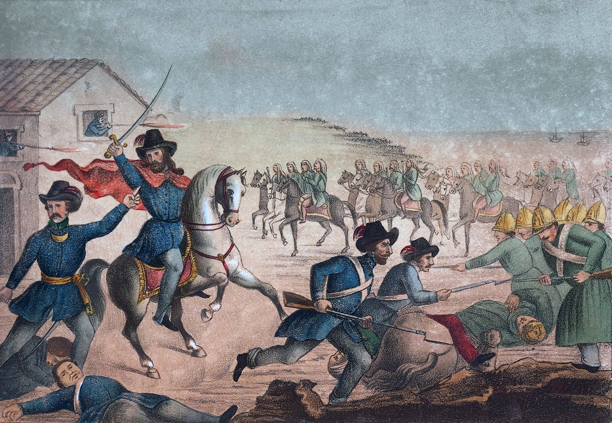 Uruguay - Uruguayanskt inbördeskrig: Giuseppe Garibaldi under slaget vid San Antonio i Uruguay den 8 februari, av Unknown artist