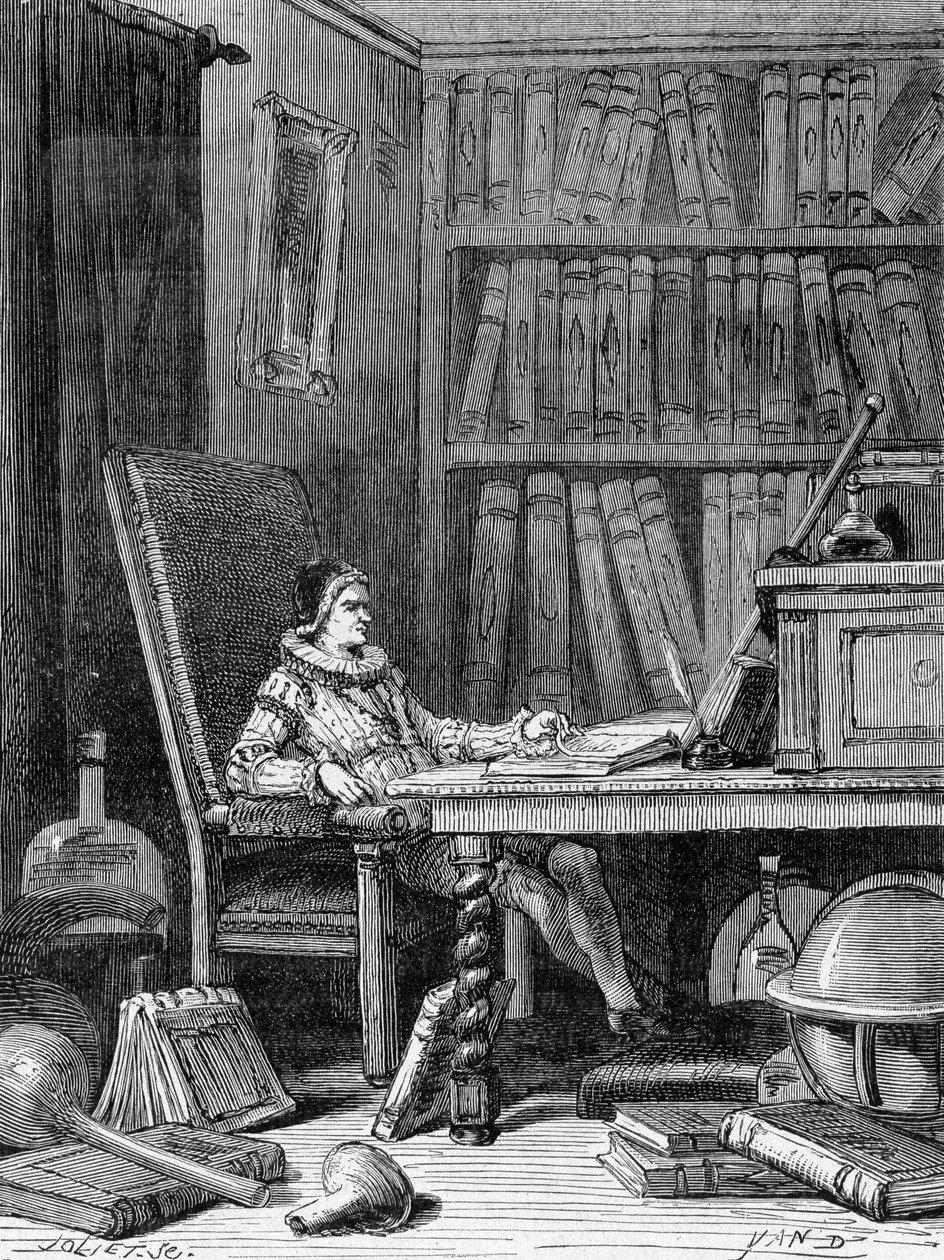 Guillaume Gilbert (1540 - 1603) skriver sin avhandling "De arte magnetica"" omkring 1600. Gravyr 1800-talet av Unknown artist