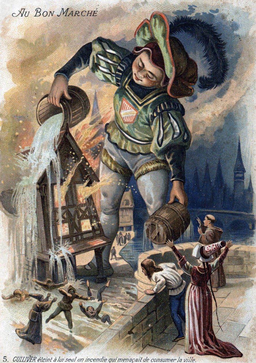 Gullivers resor av Jonathan Swift. Ensam Gulliver utlöste en brand som hotade att förtära staden i Lilliput. Kromolitografi 1800-talet. (billig). av Unknown artist