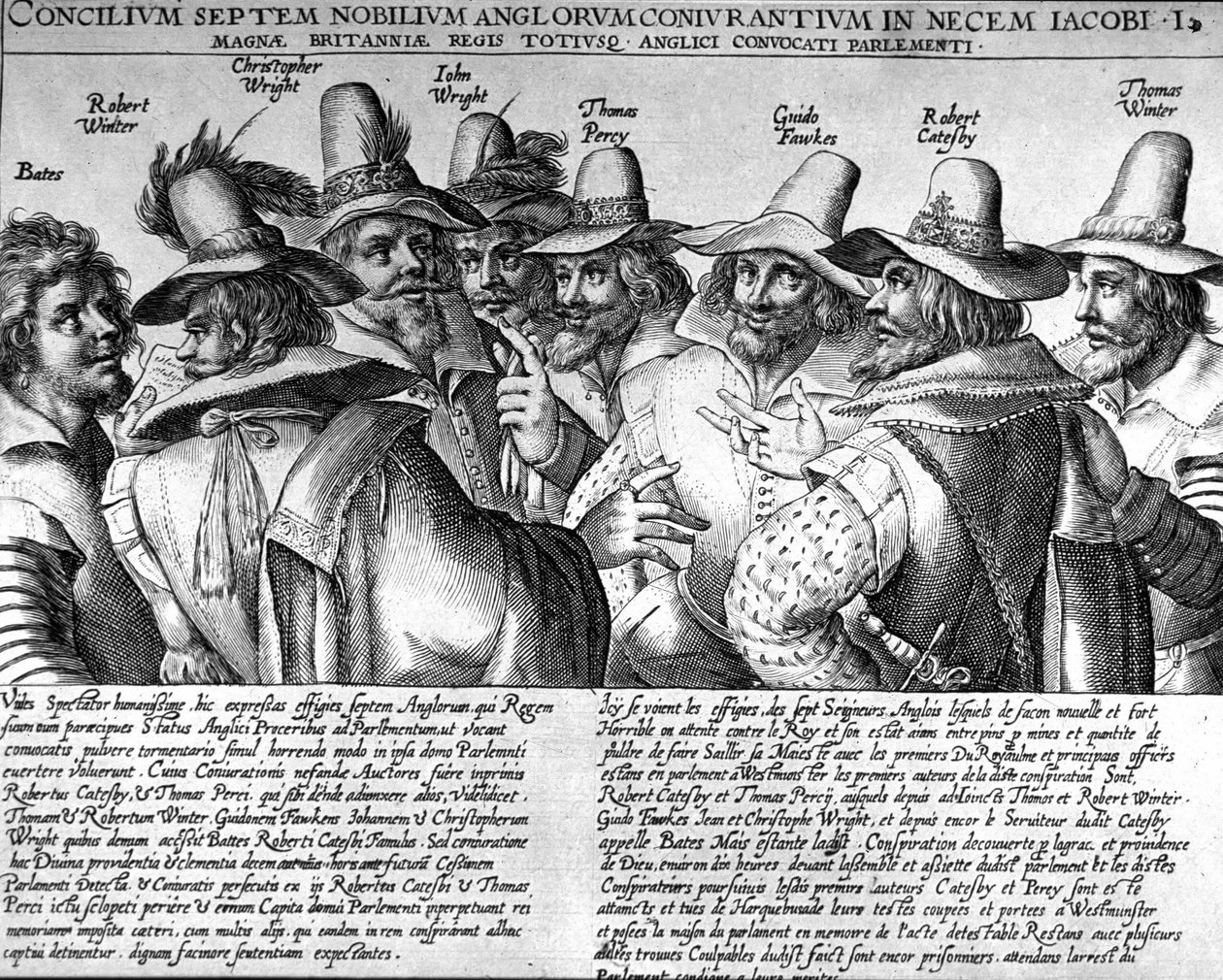 Krut: Bates, Robert Winter, Christopher Wright, John Wright, Thomas Percy, Guido Fawkes, Thomas Winter av Unknown artist