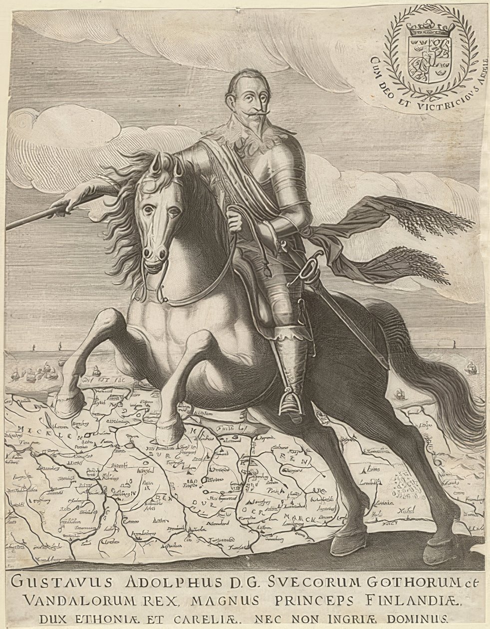 Gustav II Adolf framför en karta över Pommern i bakgrunden. 1630 av Unknown