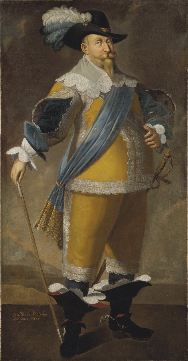 Gustave II Adolphe, dit le Grand ou le lion du Nord - Porträtt av kung Gustav II Adolf av Sverige (1594-1632), Anonym . Olja på duk. Mått: 204x103 cm. Nationalmuseum Stockholm av Unknown artist