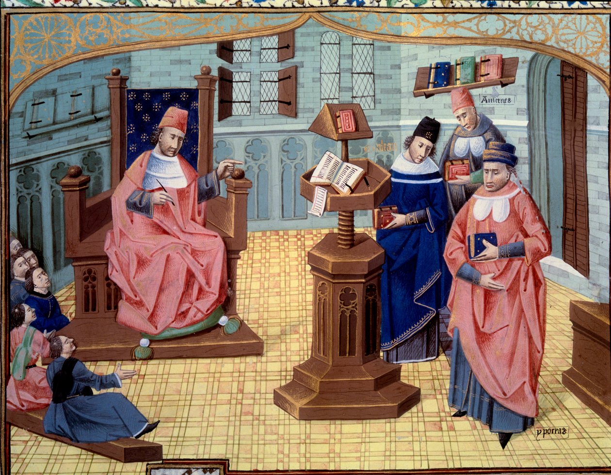 Kille från Chirugian Chauliac lärare. Till höger om honom 6 lyssnare och till vänster 3 karaktärer som sammanfattar medicinens historia: Claude Galien (131-201), grekisk doktor i antikviteten, Abu Ali al-Husayn ibn 
