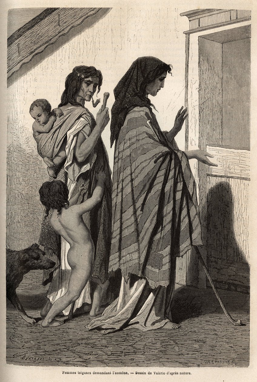Zigenska kvinnor och barn, i trasor eller halvnakna, frågar efter dörr till dörr almon i Essek (Donaubassängen). Gravyr för att illustrera minnen av resor bland södra slaver, av Georges Perrot, 1868, publicerad i "" Le tour du monde"" 1870-1871, redigera av Unknown artist