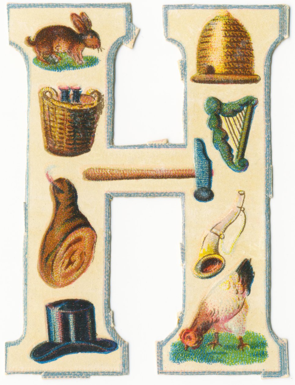 H: hare, kupa, skördekorg, harpa, hammare, skinka, horn, hatt, höna (färg litho) av Unknown artist