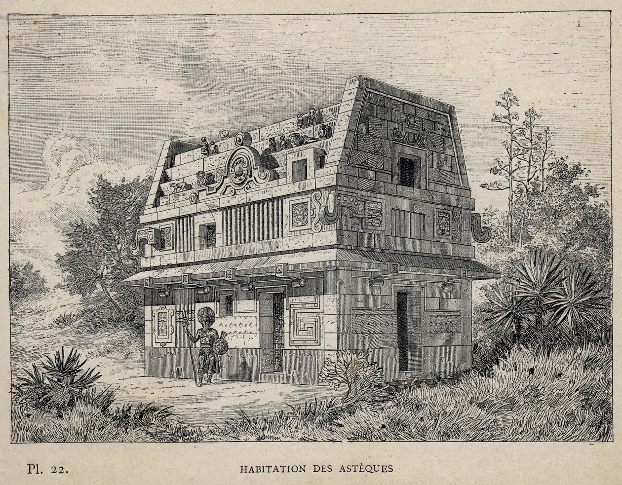 Habitation des Asteques (Azteques) (sommar av aztekerna) - gravyr från 1889 i "History of human habitation at the Universal Exhibition of 1889, by Mr Charles GARNIER - Librairie centrale des beaux-arts Paris 1889 av Unknown artist