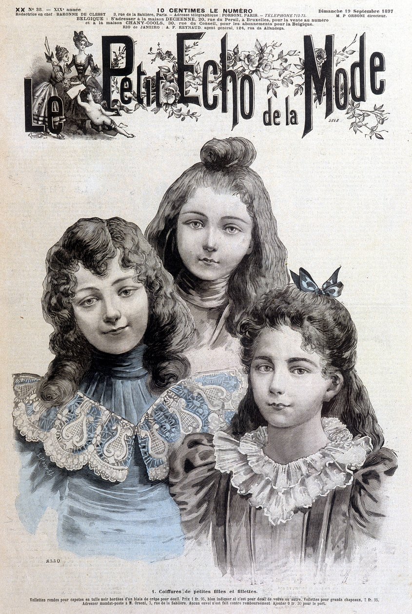 Frisyrer för flickor och tjejer - i "" Le petit echo de la mode"" av 1897-09-19 av Unknown artist
