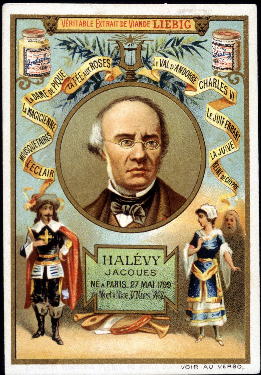 Halevy kallade Jacques Fromental Levy, fransk kompositör (1799-1862) som en del av marknadsföringen av en Liebig-produkt. 1800-talet av Unknown artist