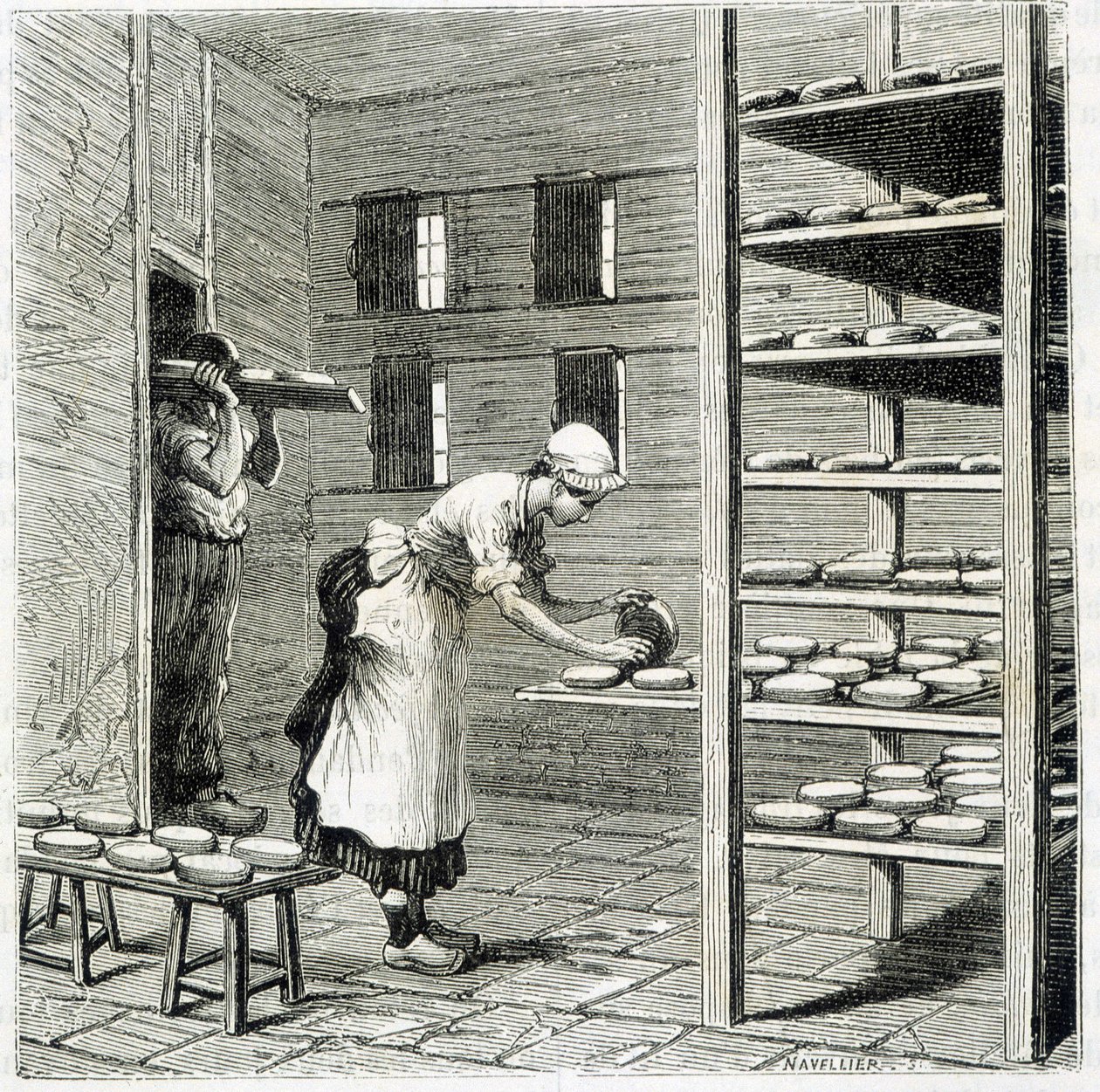 Haloir (eller torktumlare) för tillverkning av camembertost - i "" The wonders of the industry"" av Louis Figuier av Unknown artist