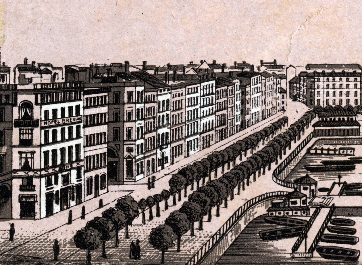 Hamburg, Tyskland: utsikt över den gamla Jungfernstieg (gamla Jungfernstieg i Hamburg). i "" Världen illustrerar 168 vyer"" Odaterat (slutet av 1800-talet) av Unknown artist