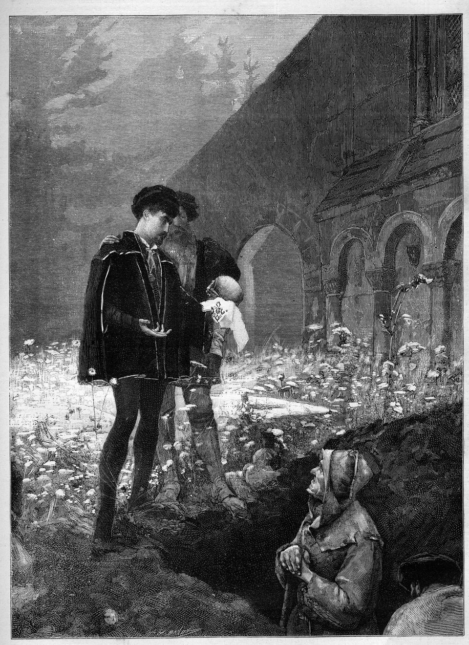 Hamlet på kyrkogården efter William Shakespeares pjäs med eponym (1564-1616). Gravyr i "" Le Monde Illustré"" av Unknown artist