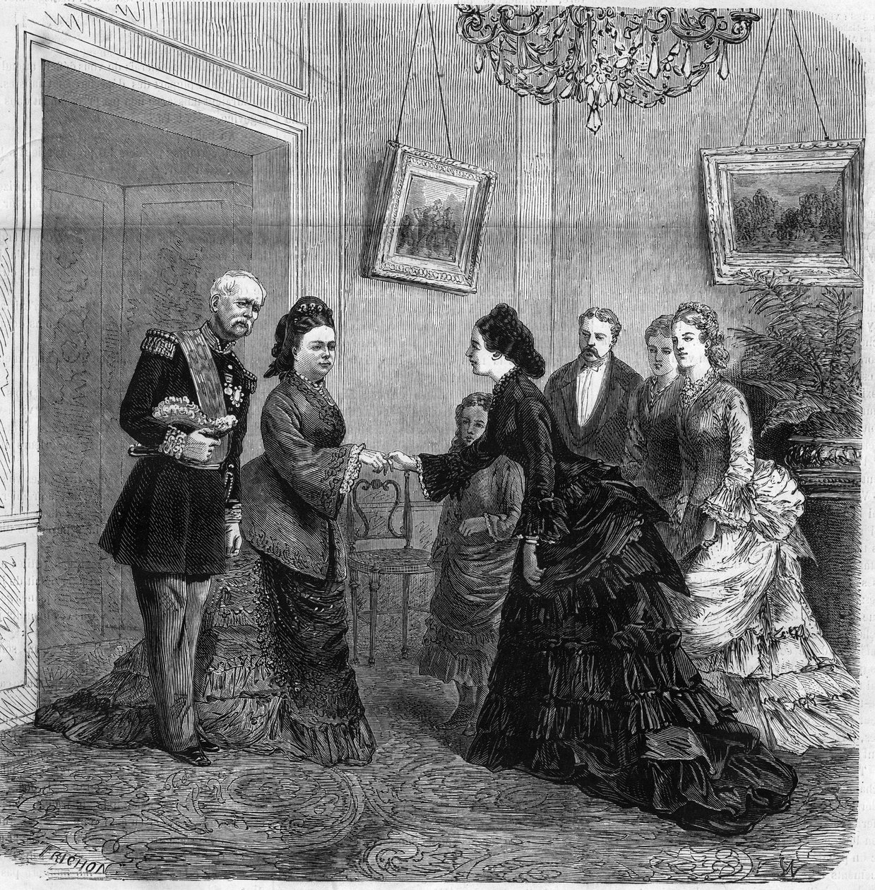 Handhållen mellan Elisabeth de Mac Mahon (1834-1900) och den österrikiska imponen Elisabeth de Wittelsbach (1837-1898) (Sissi) under besöket av Frankrikes president Patrice de Mac-Mahon (1808-1893) i Österrike. 1875. Gravyr i ”Universum av Unknown artist